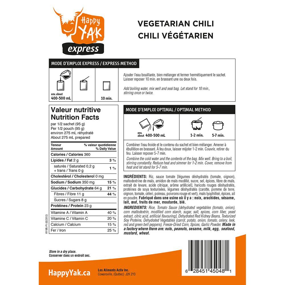 Chili végétarien - Mets lyophilisés Happy Yak - Image 3